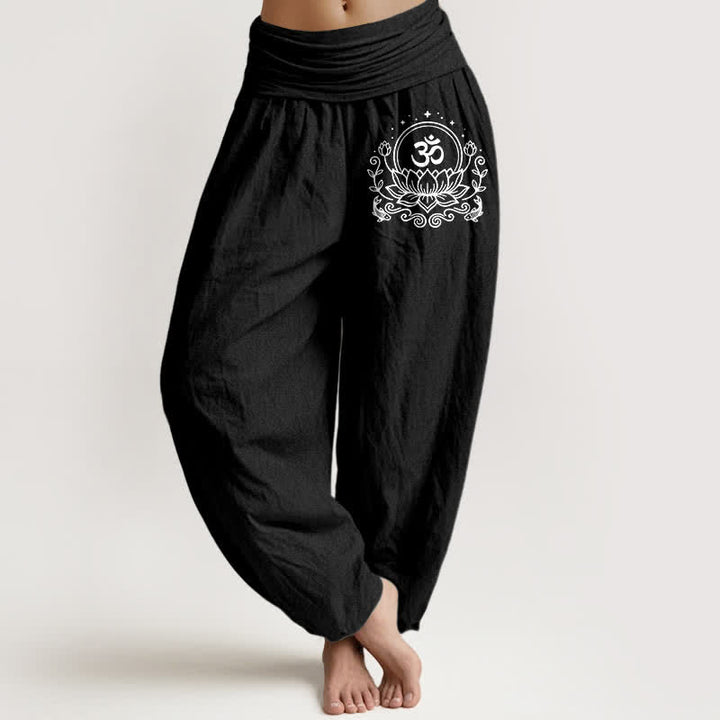 Buddha Stones Pure Cotton Sacred Lotus Om Pattern Women's Elastic Waist Harem Pants - Black - US16，UK/AU20，EU48 (3XL) - image 0