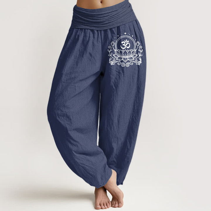 Buddha Stones Pure Cotton Sacred Lotus Om Pattern Women's Elastic Waist Harem Pants - DarkSlateBlue - US16，UK/AU20，EU48 (3XL) - image 5