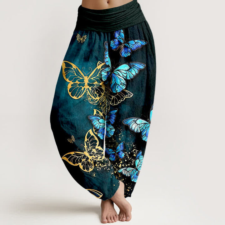 Buddha Stones Cotton Artistic Butterfly Glow Pattern Women's Elastic Waist Harem Pants - Teal - US16，UK/AU20，EU48 (3XL) - image 0