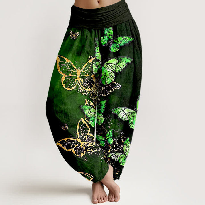 Buddha Stones Cotton Artistic Butterfly Glow Pattern Women's Elastic Waist Harem Pants - ForestGreen - US16，UK/AU20，EU48 (3XL) - image 5