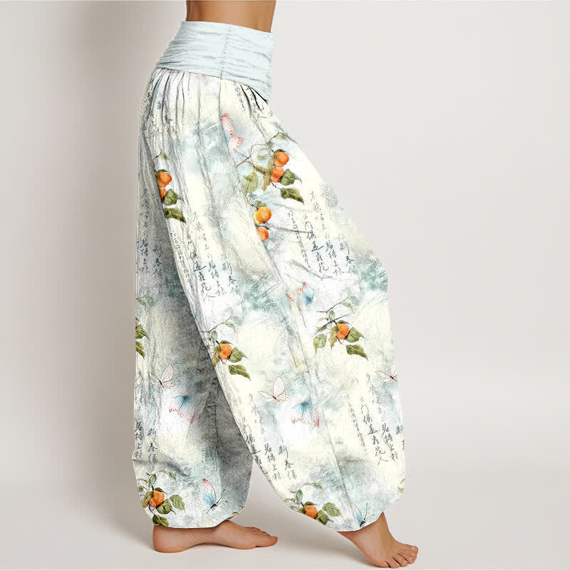 Buddha Stones Cotton Ink Calligraphy Citrus Butterfly Pattern Women's Elastic Waist Harem Pants - image 1