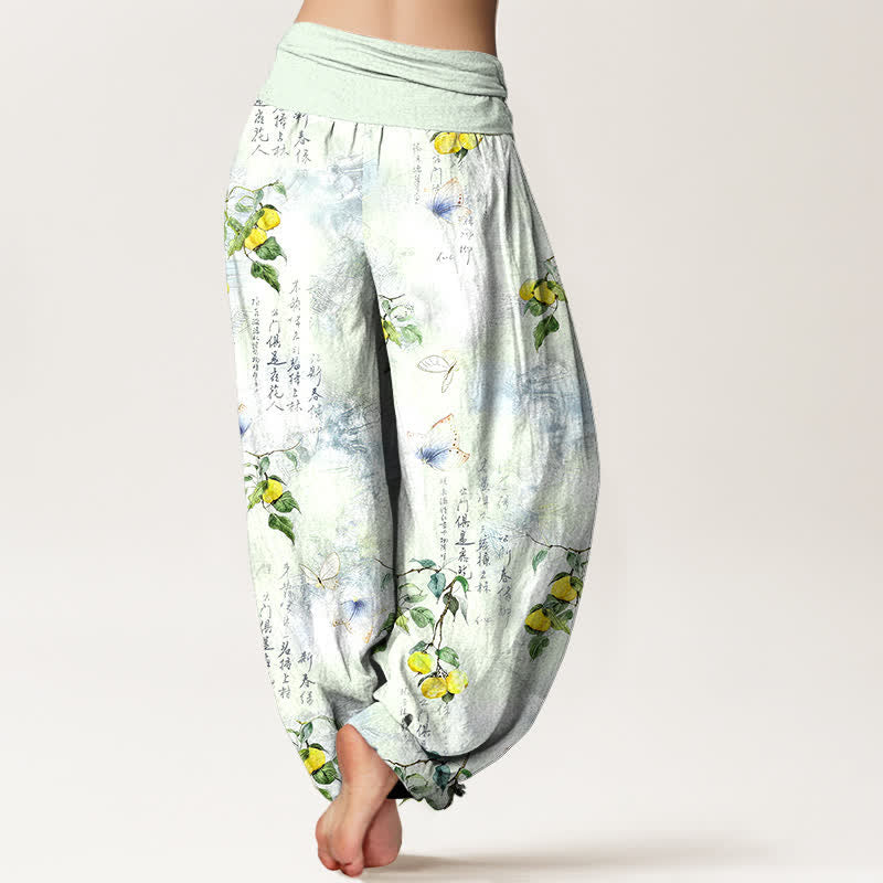 Buddha Stones Cotton Ink Calligraphy Citrus Butterfly Pattern Women's Elastic Waist Harem Pants - image 10