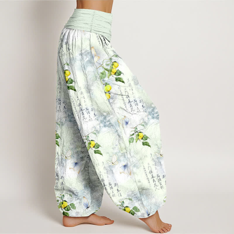 Buddha Stones Cotton Ink Calligraphy Citrus Butterfly Pattern Women's Elastic Waist Harem Pants - image 9