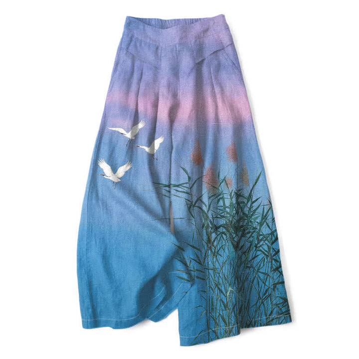 Buddha Stones Cotton Linen Gradient Crane Reed Pattern Women's Elastic Waist Wide Leg Pants With Pockets - DeepSkyBlue - US16，UK/AU20，EU48 (3XL) - image 0