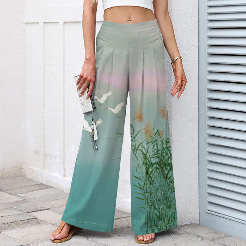 Buddha Stones Cotton Linen Gradient Crane Reed Pattern Women's Elastic Waist Wide Leg Pants With Pockets - image 5