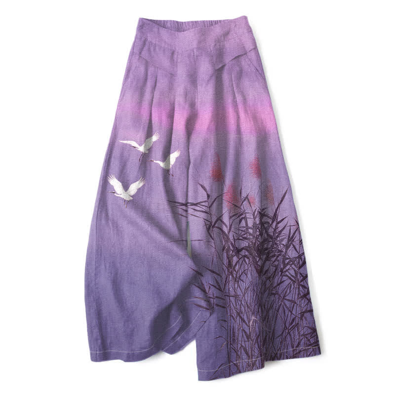 Buddha Stones Cotton Linen Gradient Crane Reed Pattern Women's Elastic Waist Wide Leg Pants With Pockets - MediumPurple - US16，UK/AU20，EU48 (3XL) - image 6