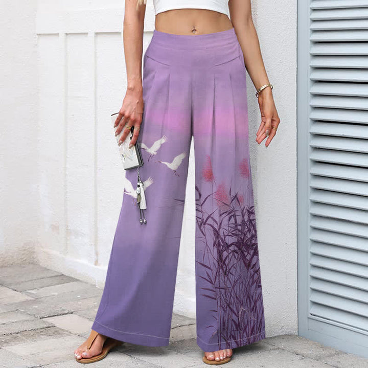 Buddha Stones Cotton Linen Gradient Crane Reed Pattern Women's Elastic Waist Wide Leg Pants With Pockets - image 7