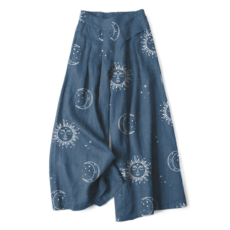 Buddha Stones Cotton Linen Celestial Sun Moon Pattern Women's Elastic Waist Wide Leg Pants With Pockets - SteelBlue - US16，UK/AU20，EU48 (3XL) - image 6