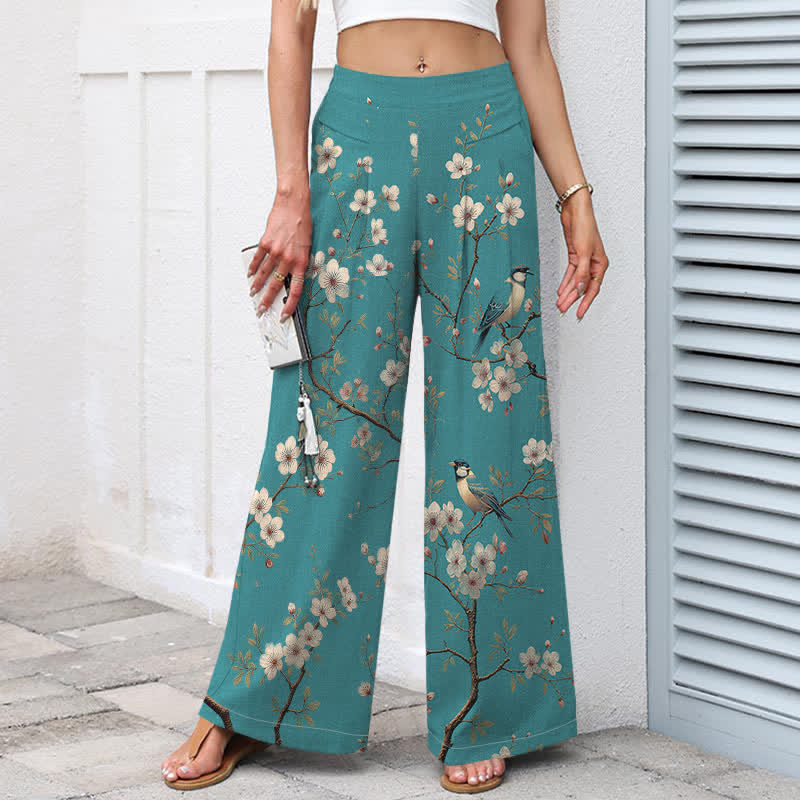 Buddha Stones Cotton Linen Vintage Floral Bird Pattern Women's Elastic Waist Wide Leg Pants With Pockets - image 1