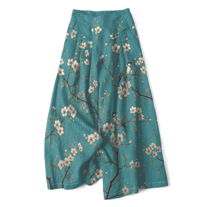 Buddha Stones Cotton Linen Vintage Floral Bird Pattern Women's Elastic Waist Wide Leg Pants With Pockets - MediumTurquoise - US16，UK/AU20，EU48 (3XL) - image 0