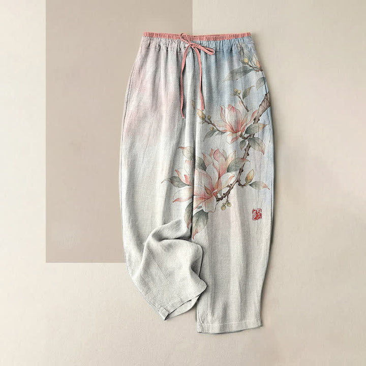 Buddha Stones Pure Cotton Ink Magnolia Pattern Women's Elastic Waist Pants With Pockets - Pink - US16，UK/AU20，EU48 (3XL) - image 3