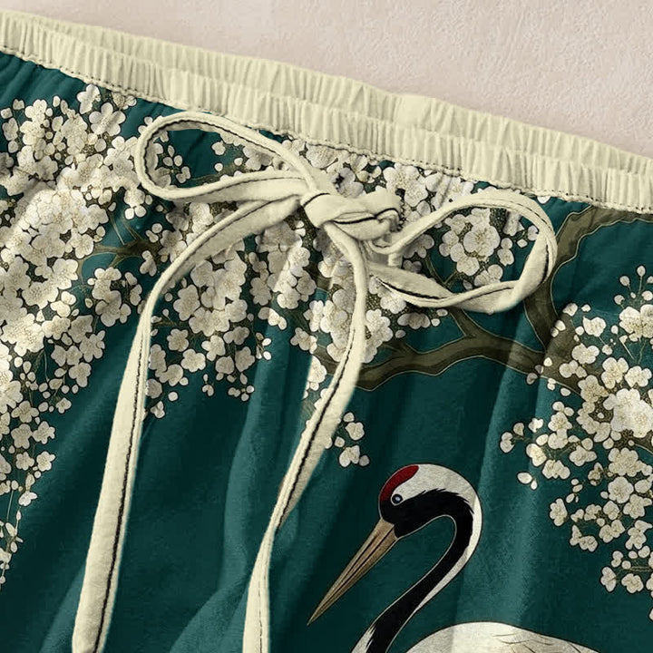 Buddha Stones Pure Cotton Oriental Crane Floral Pattern Women's Elastic Waist Pants With Pockets - image 1