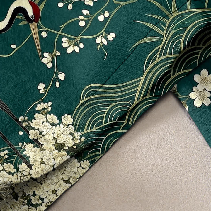 Buddha Stones Pure Cotton Oriental Crane Floral Pattern Women's Elastic Waist Pants With Pockets - image 2