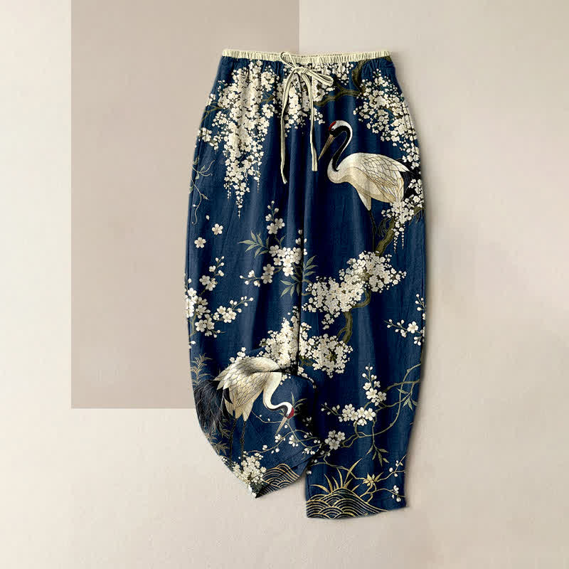 Buddha Stones Pure Cotton Oriental Crane Floral Pattern Women's Elastic Waist Pants With Pockets - Navy - US16，UK/AU20，EU48 (3XL) - image 4