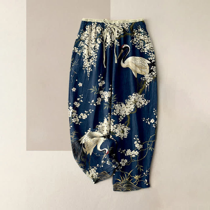 Buddha Stones Pure Cotton Oriental Crane Floral Pattern Women's Elastic Waist Pants With Pockets - Navy - US16，UK/AU20，EU48 (3XL) - image 4