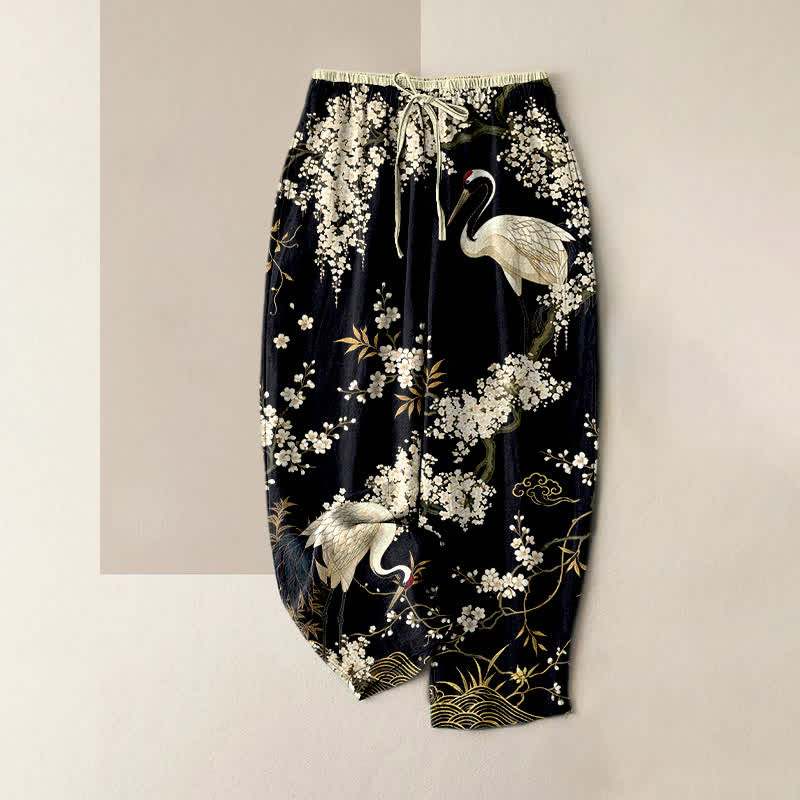 Buddha Stones Pure Cotton Oriental Crane Floral Pattern Women's Elastic Waist Pants With Pockets - Black - US16，UK/AU20，EU48 (3XL) - image 5