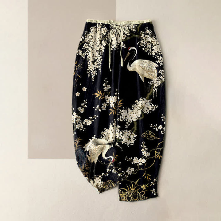 Buddha Stones Pure Cotton Oriental Crane Floral Pattern Women's Elastic Waist Pants With Pockets - Black - US16，UK/AU20，EU48 (3XL) - image 5