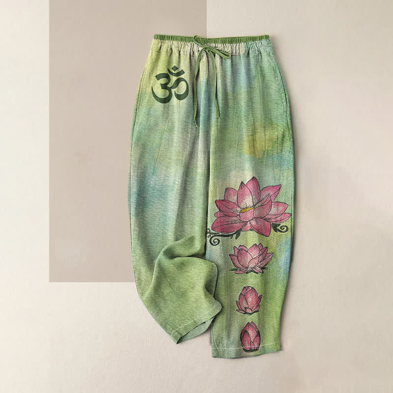 Buddha Stones Pure Cotton Zen Om Lotus Bloom Pattern Women's Elastic Waist Pants With Pockets - LightGreen - US16，UK/AU20，EU48 (3XL) - image 0