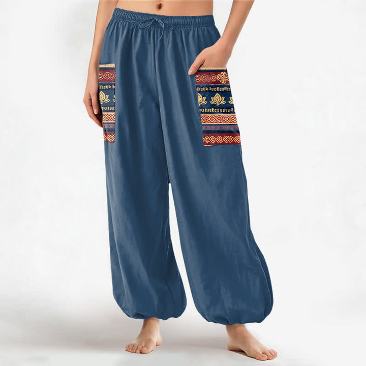 Buddha Stones Cotton Bohemian Lotus Geometric Pattern Women's Elastic Waist Harem Pants With Side Pockets - SteelBlue - US16，UK/AU20，EU48 (3XL) - image 10