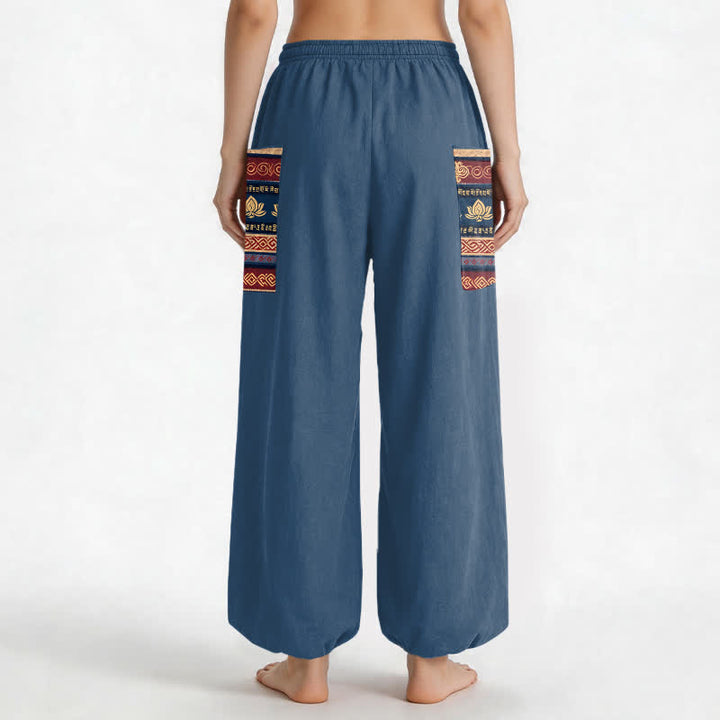 Buddha Stones Cotton Bohemian Lotus Geometric Pattern Women's Elastic Waist Harem Pants With Side Pockets - image 12