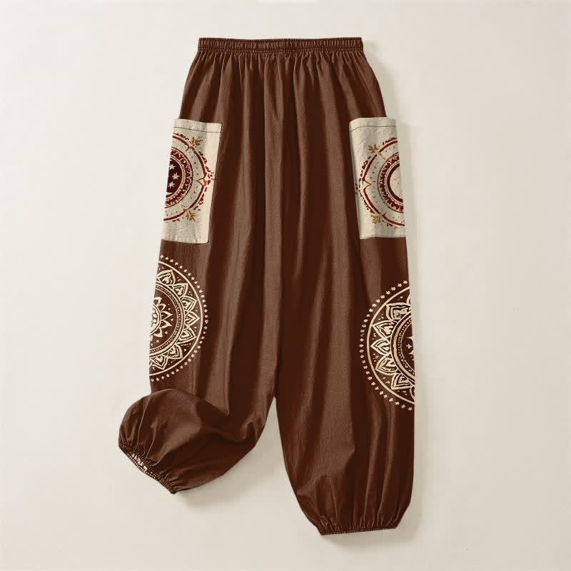 Buddha Stones Cotton Bohemian Mandala Moon Phase Pattern Women's Elastic Waist Harem Pants With Side Pockets - image 4