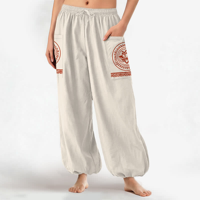 Buddha Stones Cotton Lotus Mandala Pattern Women's Elastic Waist Harem Pants With Side Pockets - image 1