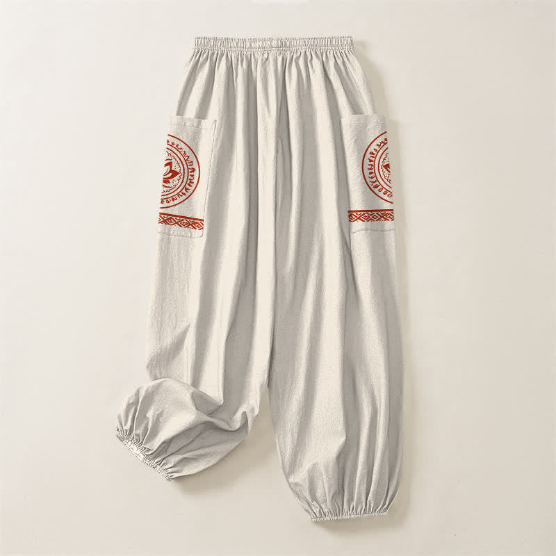 Buddha Stones Cotton Lotus Mandala Pattern Women's Elastic Waist Harem Pants With Side Pockets - image 4