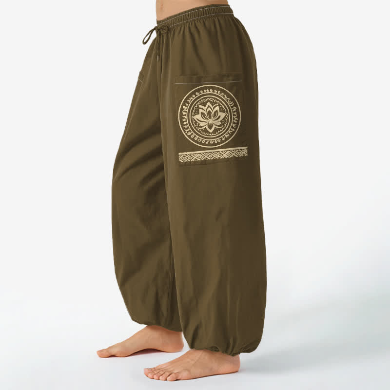 Buddha Stones Cotton Lotus Mandala Pattern Women's Elastic Waist Harem Pants With Side Pockets - Olive - US16，UK/AU20，EU48 (3XL) - image 7