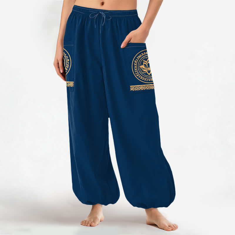 Buddha Stones Cotton Lotus Mandala Pattern Women's Elastic Waist Harem Pants With Side Pockets - image 11