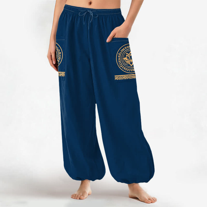 Buddha Stones Cotton Lotus Mandala Pattern Women's Elastic Waist Harem Pants With Side Pockets - image 11