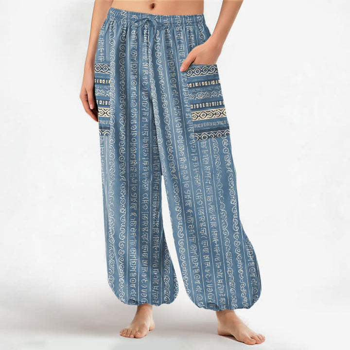 Buddha Stones Cotton Ethnic Geometric Stripe Pattern Women's Elastic Waist Harem Pants With Side Pockets - SkyBlue - US16，UK/AU20，EU48 (3XL) - image 0