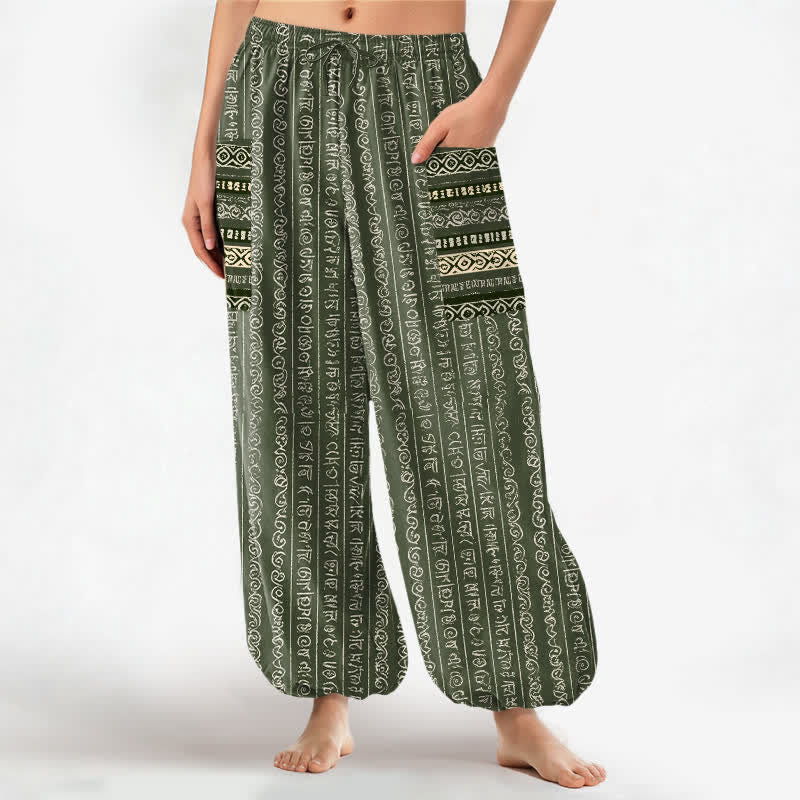 Buddha Stones Cotton Ethnic Geometric Stripe Pattern Women's Elastic Waist Harem Pants With Side Pockets - OliveDrab - US16，UK/AU20，EU48 (3XL) - image 7