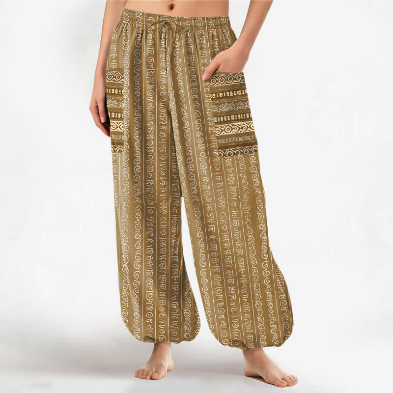 Buddha Stones Cotton Ethnic Geometric Stripe Pattern Women's Elastic Waist Harem Pants With Side Pockets - DarkGoldenrod - US16，UK/AU20，EU48 (3XL) - image 10