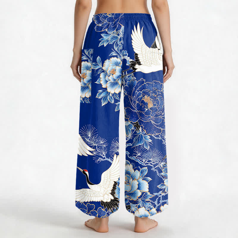 Buddha Stones Cotton Oriental Crane Peony Pattern Women's Elastic Waist Harem Pants With Side Pockets - image 2