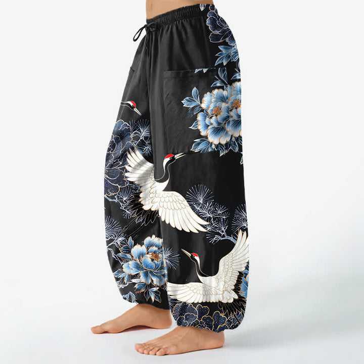 Buddha Stones Cotton Oriental Crane Peony Pattern Women's Elastic Waist Harem Pants With Side Pockets - image 11