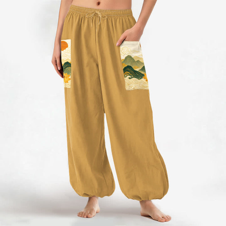 Buddha Stones Cotton Oriental Mountain Lotus Pattern Women's Elastic Waist Harem Pants With Side Pockets - image 8
