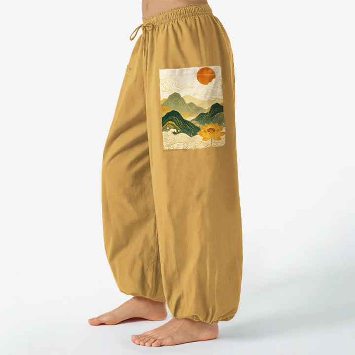Buddha Stones Cotton Oriental Mountain Lotus Pattern Women's Elastic Waist Harem Pants With Side Pockets - Goldenrod - US16，UK/AU20，EU48 (3XL) - image 7