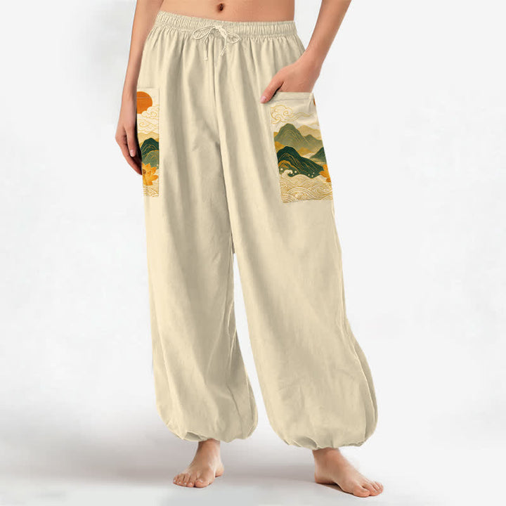 Buddha Stones Cotton Oriental Mountain Lotus Pattern Women's Elastic Waist Harem Pants With Side Pockets - image 11
