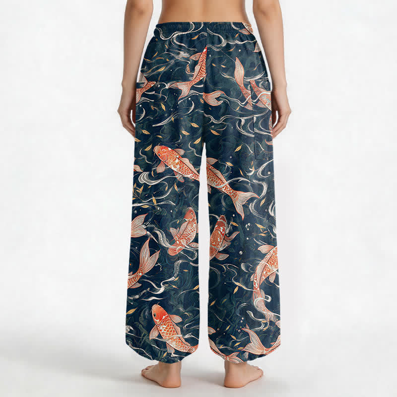 Buddha Stones Cotton Oriental Koi Wave Pattern Women's Elastic Waist Harem Pants With Side Pockets - image 2