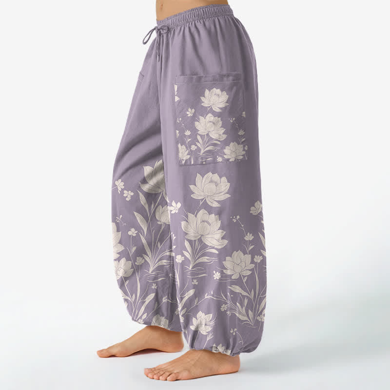 Buddha Stones Cotton Vintage Lotus Bloom Pattern Women's Elastic Waist Harem Pants With Side Pockets - image 1