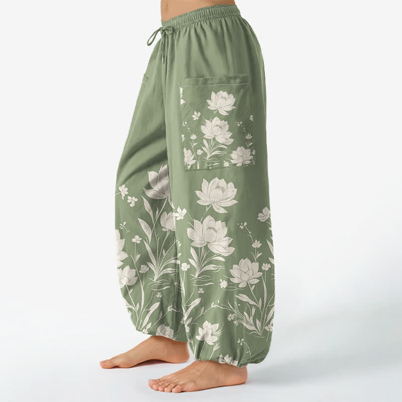Buddha Stones Cotton Vintage Lotus Bloom Pattern Women's Elastic Waist Harem Pants With Side Pockets - image 8