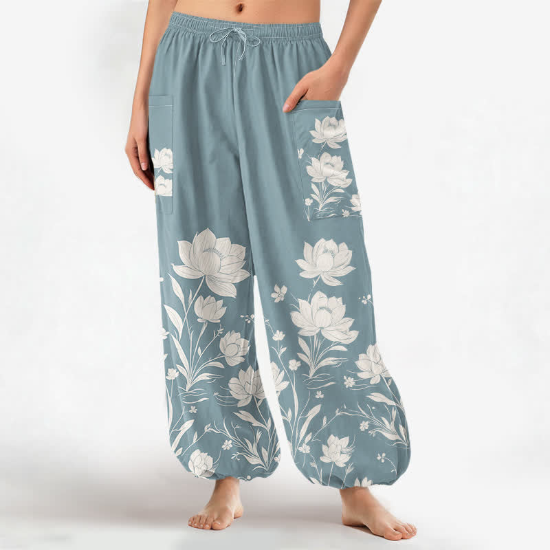 Buddha Stones Cotton Vintage Lotus Bloom Pattern Women's Elastic Waist Harem Pants With Side Pockets - PowderBlue - US16，UK/AU20，EU48 (3XL) - image 10