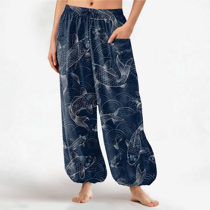 Buddha Stones Cotton Zen Koi Ripple Pattern Women's Elastic Waist Harem Pants With Side Pockets - Navy - US16，UK/AU20，EU48 (3XL) - image 0