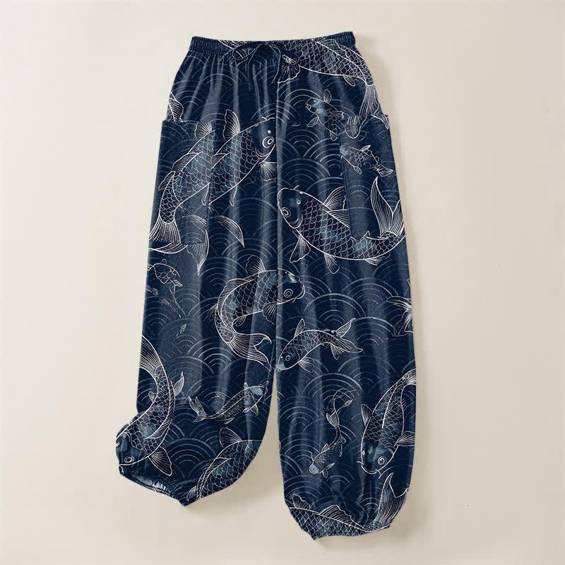 Buddha Stones Cotton Zen Koi Ripple Pattern Women's Elastic Waist Harem Pants With Side Pockets - image 3
