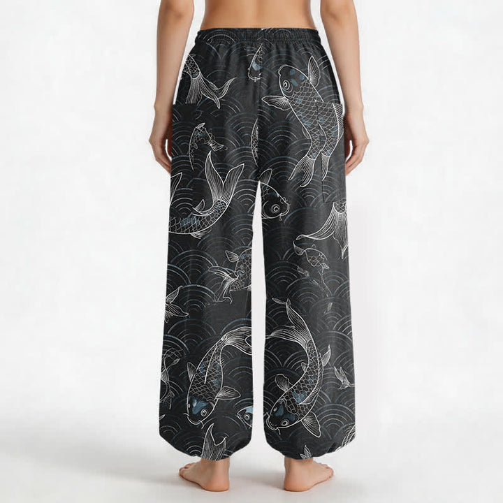 Buddha Stones Cotton Zen Koi Ripple Pattern Women's Elastic Waist Harem Pants With Side Pockets - image 9