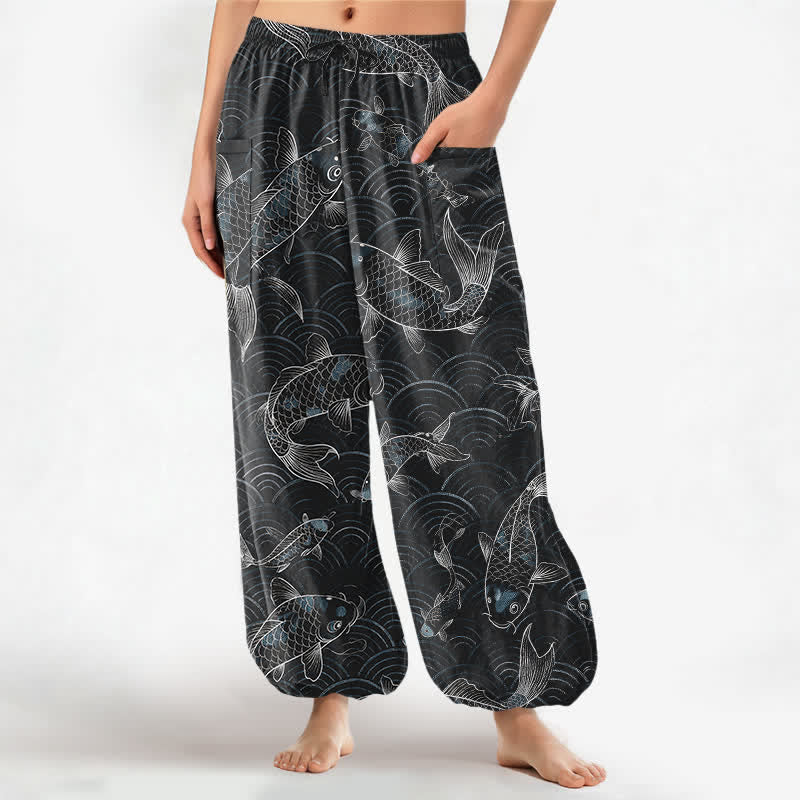 Buddha Stones Cotton Zen Koi Ripple Pattern Women's Elastic Waist Harem Pants With Side Pockets - Black - US16，UK/AU20，EU48 (3XL) - image 7