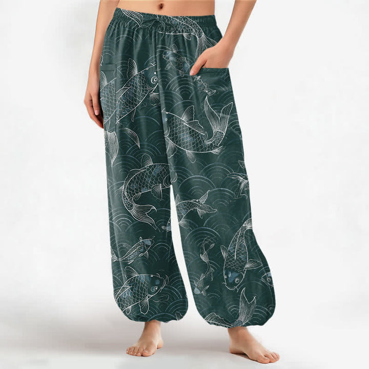 Buddha Stones Cotton Zen Koi Ripple Pattern Women's Elastic Waist Harem Pants With Side Pockets - Teal - US16，UK/AU20，EU48 (3XL) - image 10