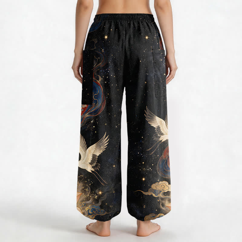 Buddha Stones Cotton Ornamental Crane Lotus Pattern Women's Elastic Waist Harem Pants With Side Pockets - image 2