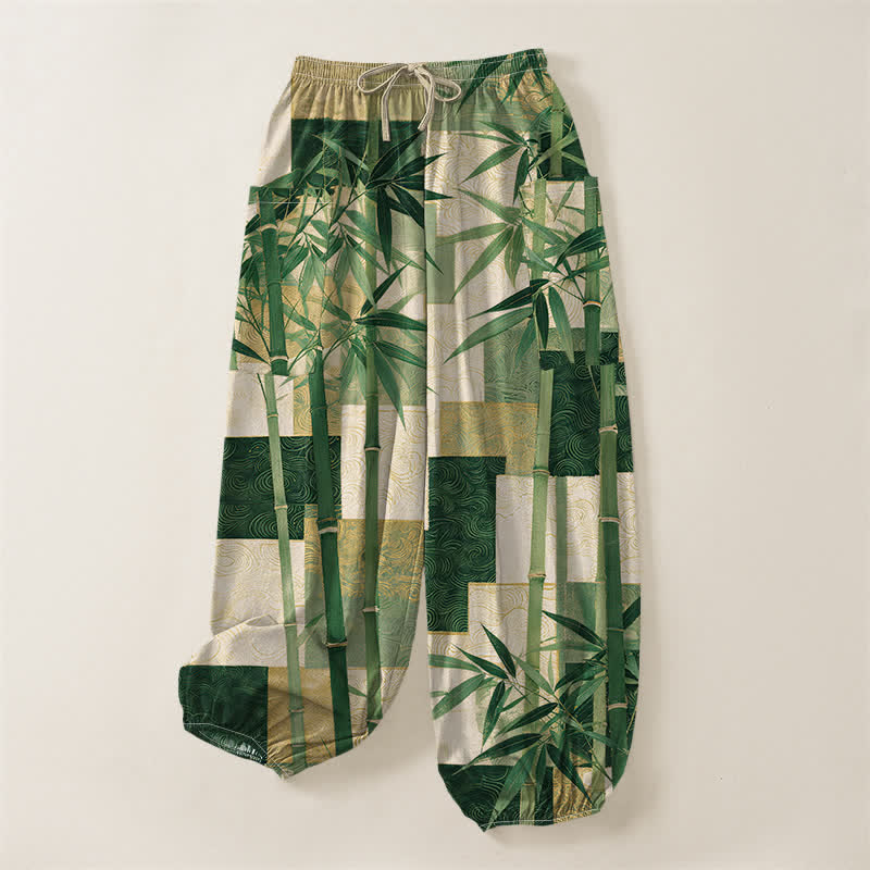 Buddha Stones Cotton Bamboo Grove Patchwork Pattern Women's Elastic Waist Harem Pants With Side Pockets - image 3