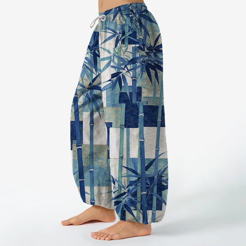 Buddha Stones Cotton Bamboo Grove Patchwork Pattern Women's Elastic Waist Harem Pants With Side Pockets - image 8